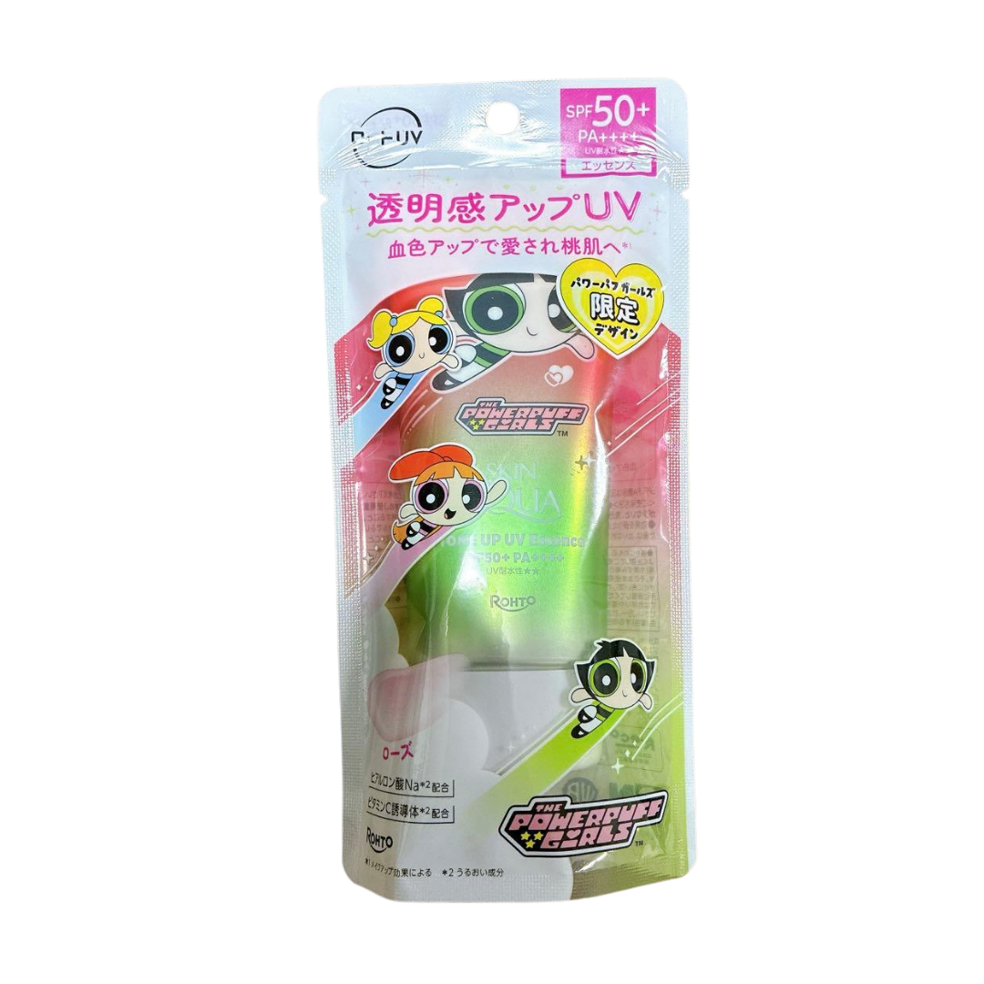 Rohto UV Skin Aqua Essence Rose Powerpuff Girls Buttercup Skin Aqua UV Tone Up Essence Rose – Powerpuff Girls (Buttercup Edition) 80g - Image 1